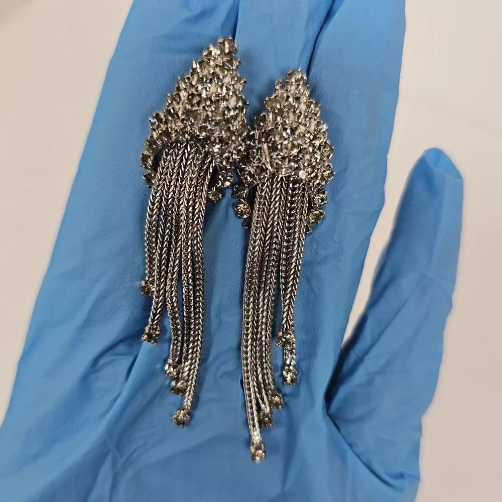 Vintage Silver Tone Crystal Rhinestone Brooch Pin‎ Clip On Earring Set Waterfall